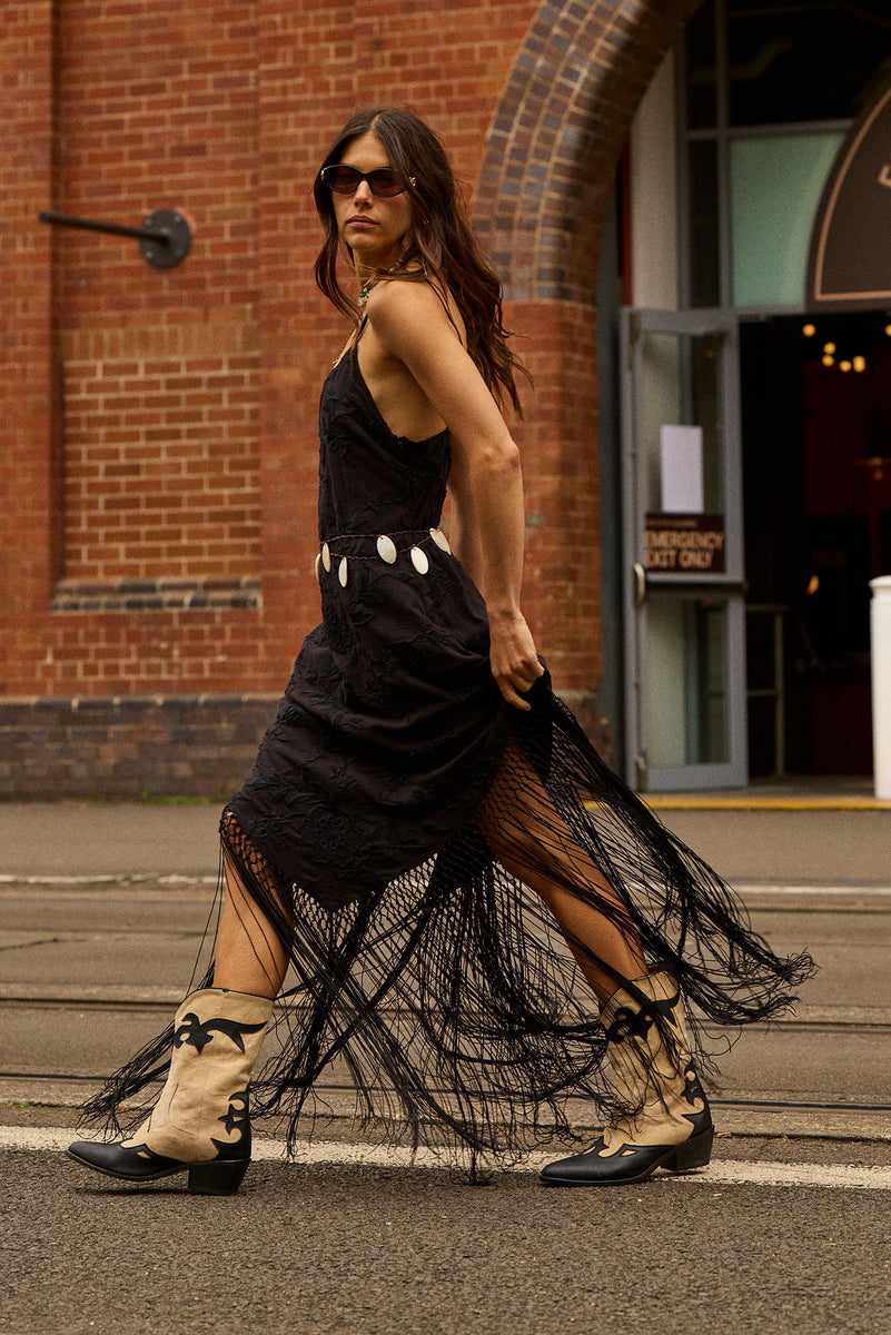 Sweet Black Angel Embroidered Fringe Slip Dress - Black