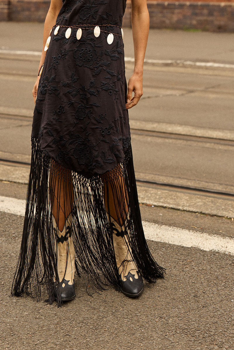 Sweet Black Angel Embroidered Fringe Slip Dress - Black