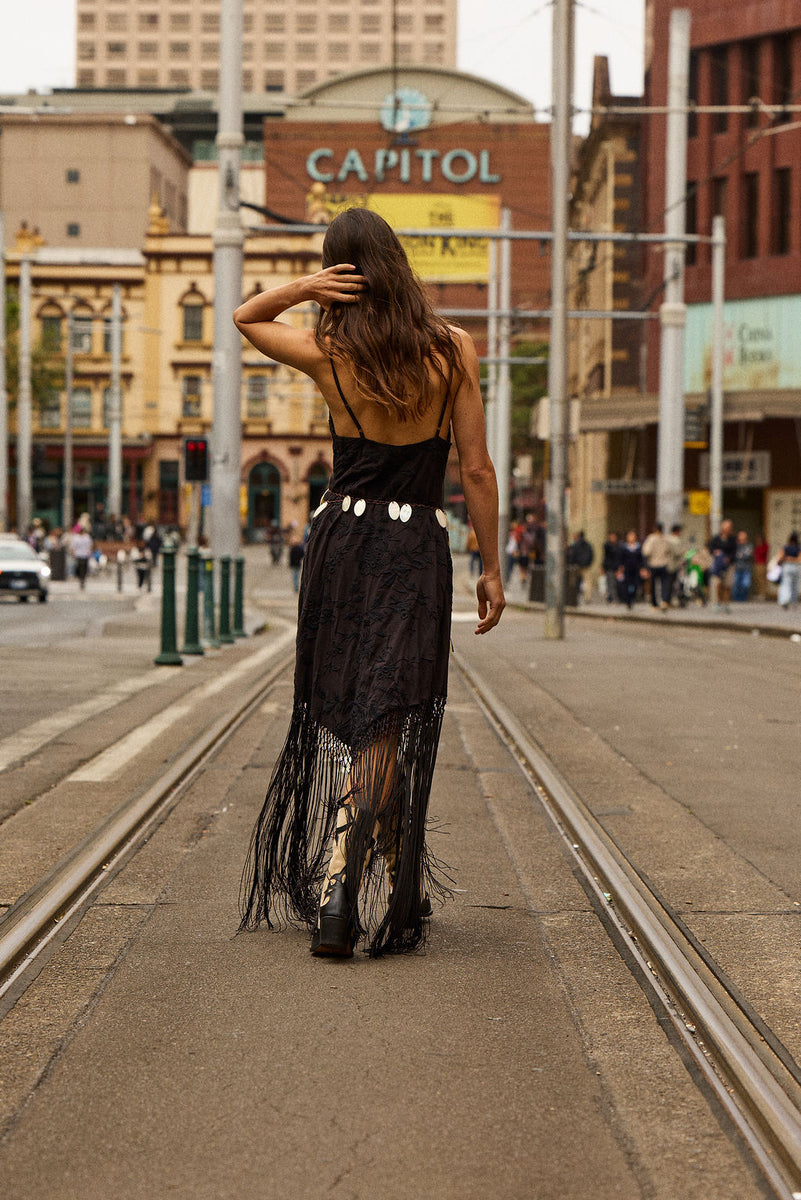 Sweet Black Angel Embroidered Fringe Slip Dress - Black