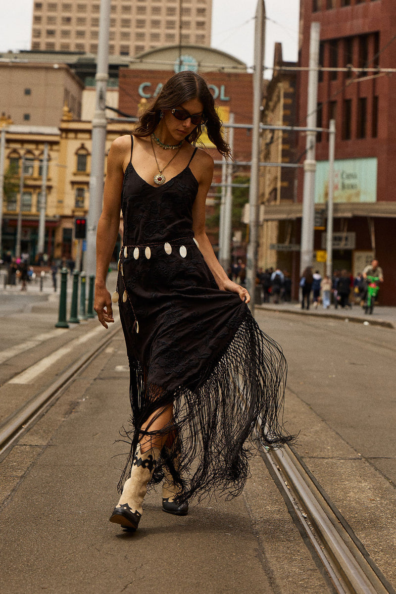 Sweet Black Angel Embroidered Fringe Slip Dress - Black