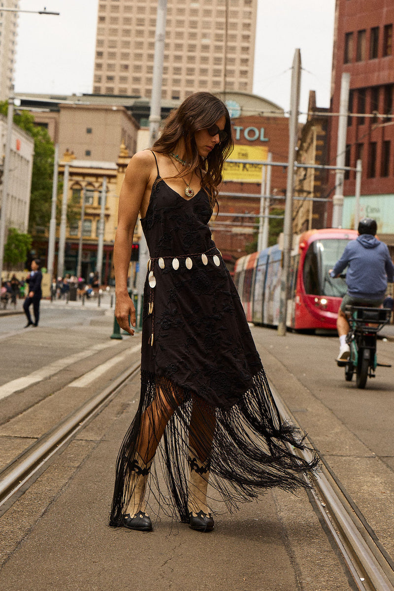 Sweet Black Angel Embroidered Fringe Slip Dress - Black