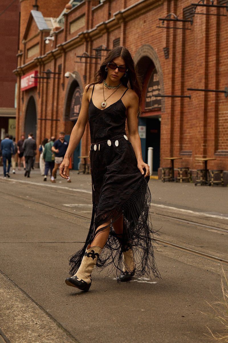 Sweet Black Angel Embroidered Fringe Slip Dress - Black
