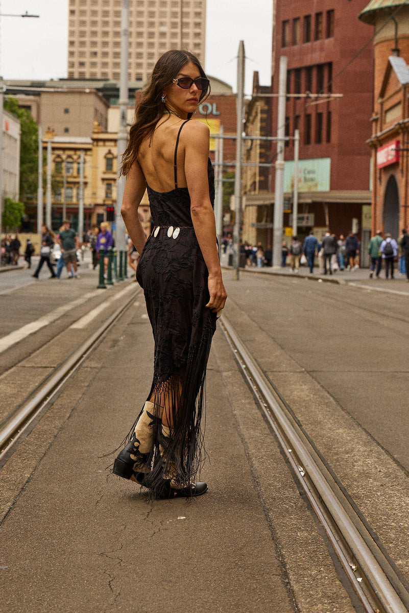 Sweet Black Angel Embroidered Fringe Slip Dress - Black