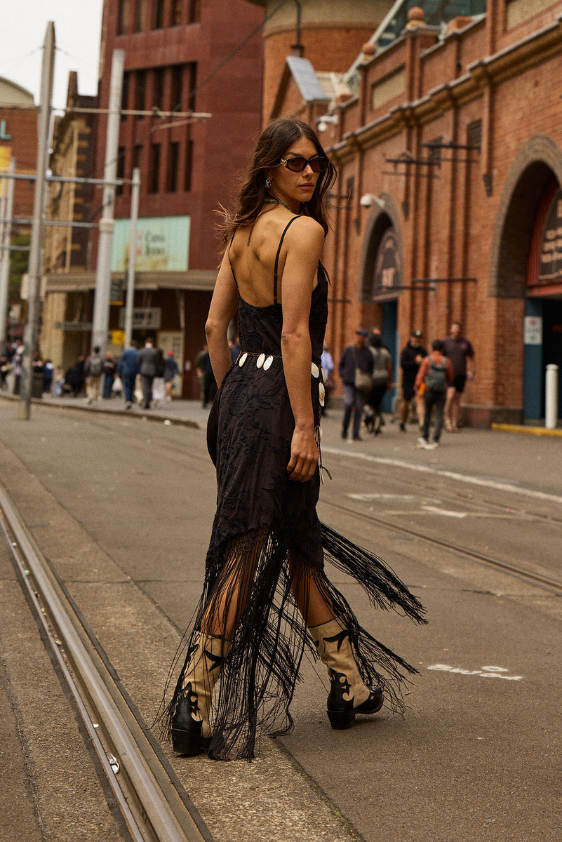 Sweet Black Angel Embroidered Fringe Slip Dress - Black