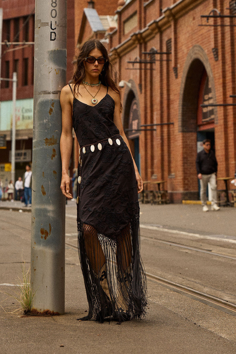 Sweet Black Angel Embroidered Fringe Slip Dress - Black