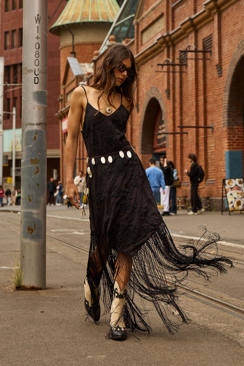 Sweet Black Angel Embroidered Fringe Slip Dress - Black