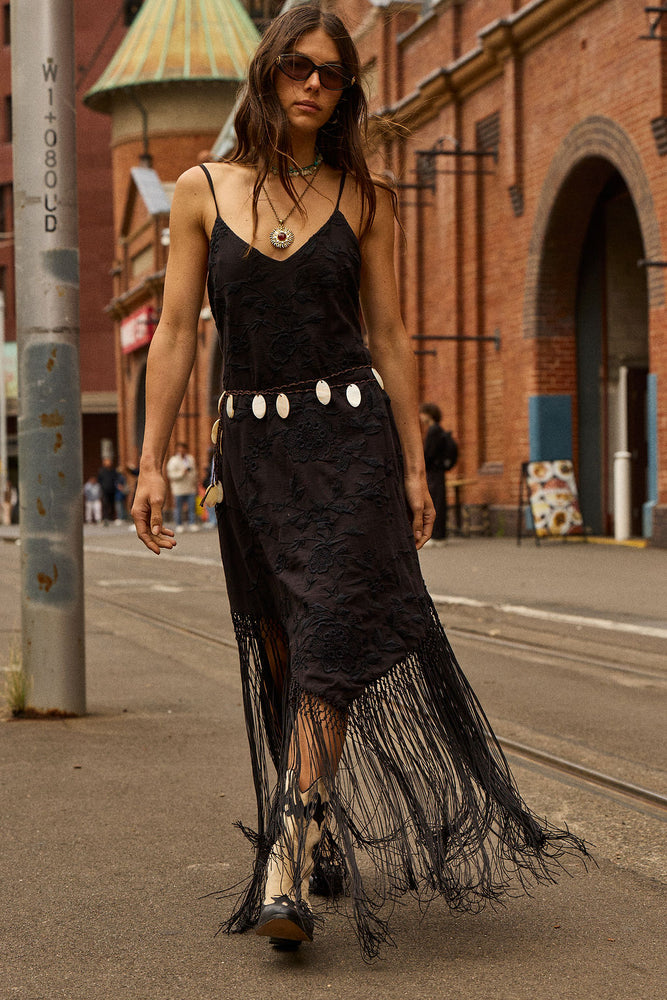 Sweet Black Angel Embroidered Fringe Slip Dress - Black