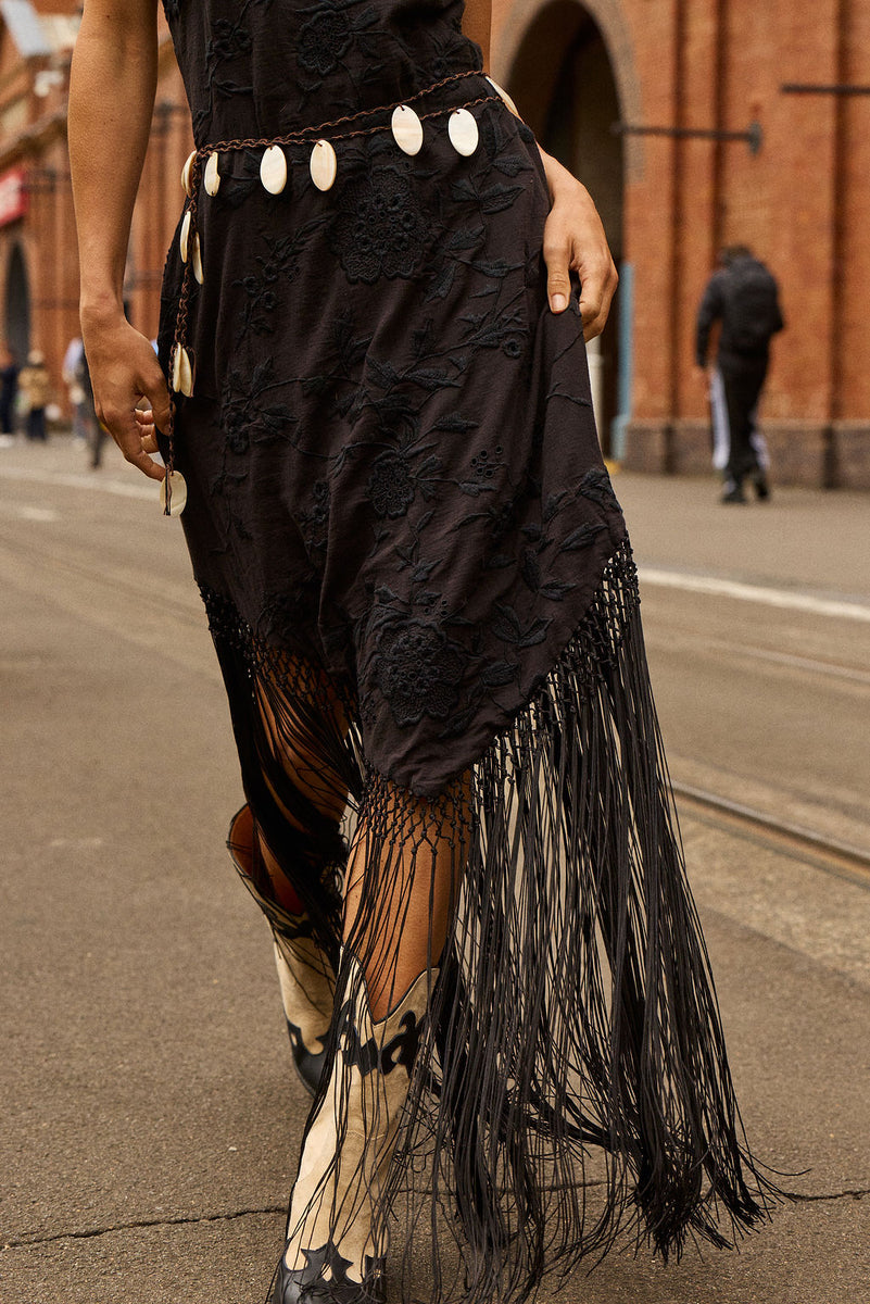 Sweet Black Angel Embroidered Fringe Slip Dress - Black