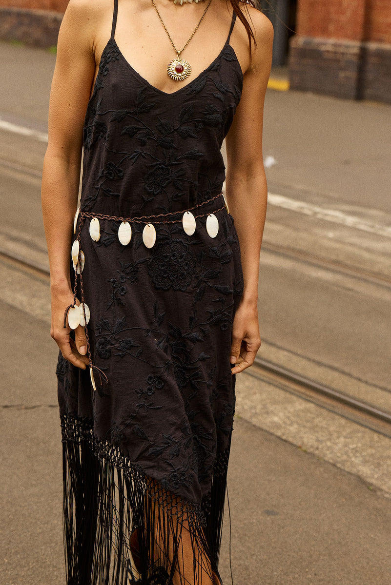 Sweet Black Angel Embroidered Fringe Slip Dress - Black
