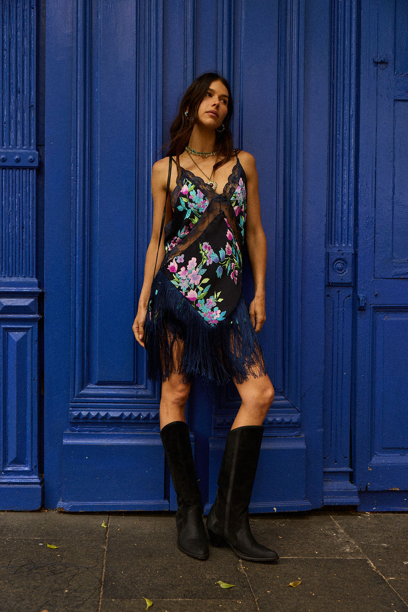 The Other Side of Blue Backless Silk Beaded Fringe Mini Dress - Floral