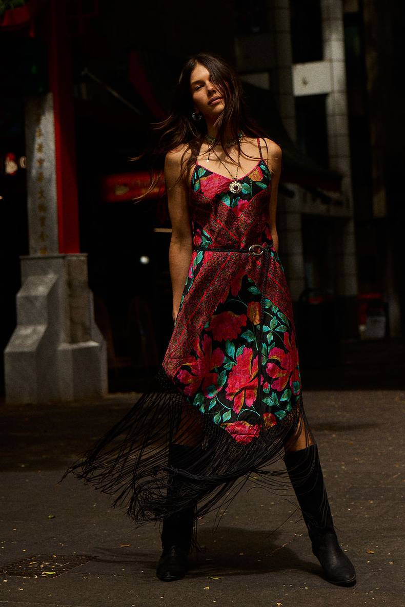 Wonderful Tonight Silk + Fringe Slip Dress - Scarlet Floral Scarf