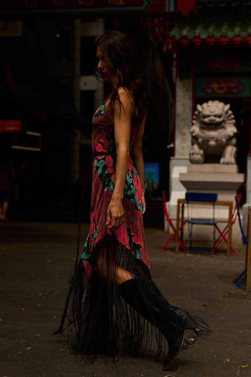 Wonderful Tonight Silk + Fringe Slip Dress - Scarlet Floral Scarf