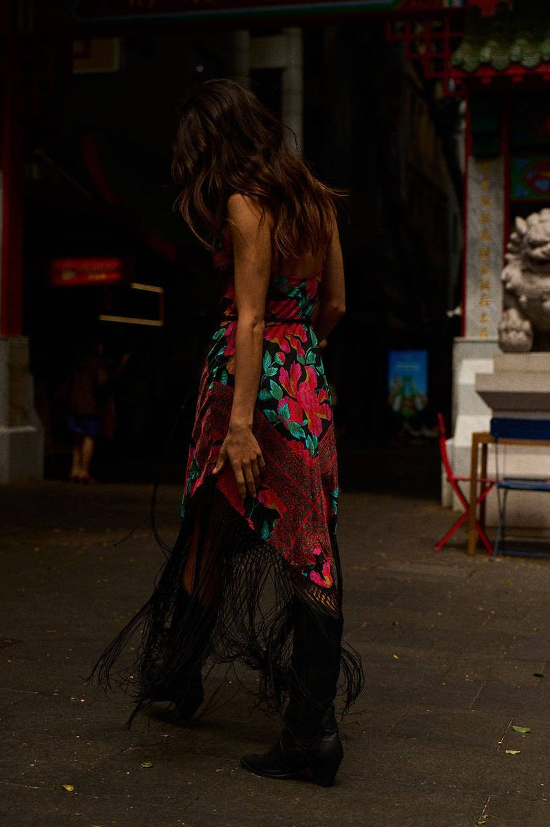 Wonderful Tonight Silk + Fringe Slip Dress - Scarlet Floral Scarf