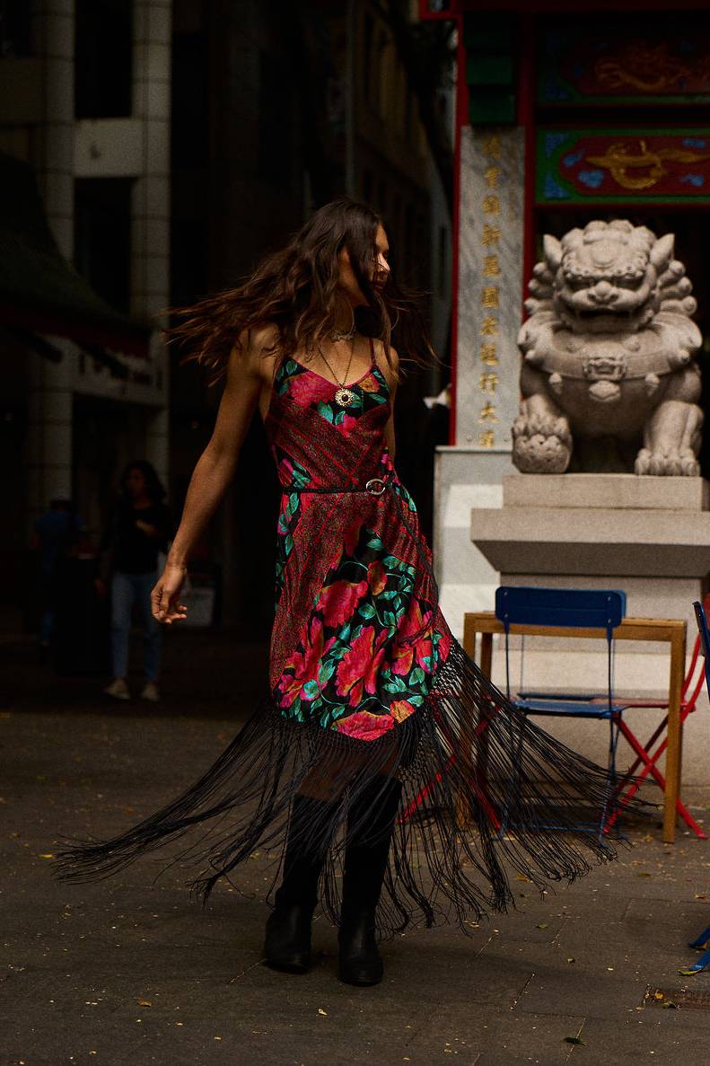 Wonderful Tonight Silk + Fringe Slip Dress - Scarlet Floral Scarf