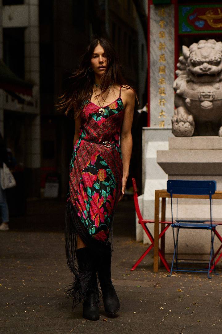Wonderful Tonight Silk + Fringe Slip Dress - Scarlet Floral Scarf