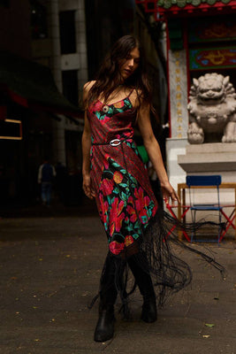 Wonderful Tonight Silk + Fringe Slip Dress - Scarlet Floral Scarf
