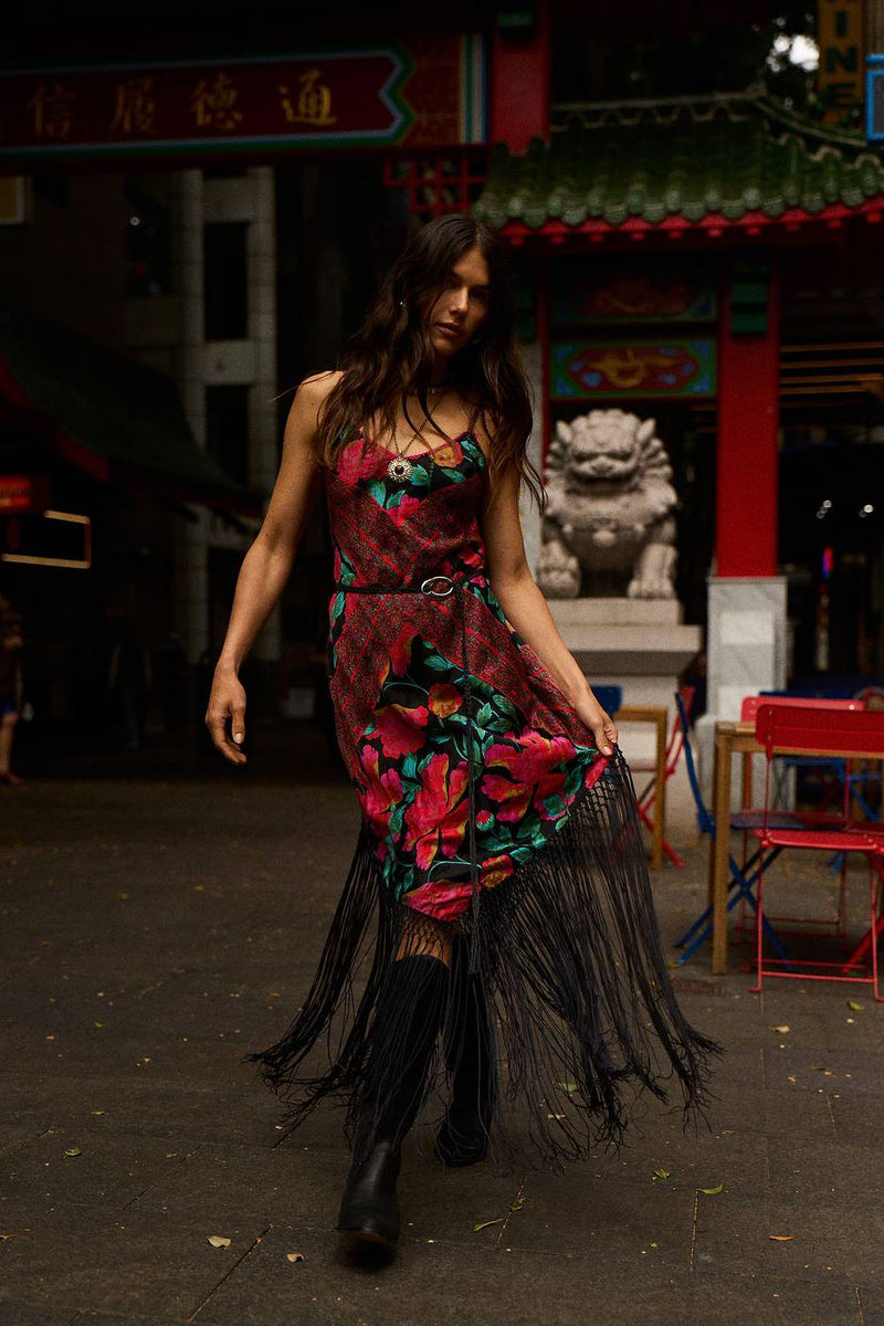 Wonderful Tonight Silk + Fringe Slip Dress - Scarlet Floral Scarf