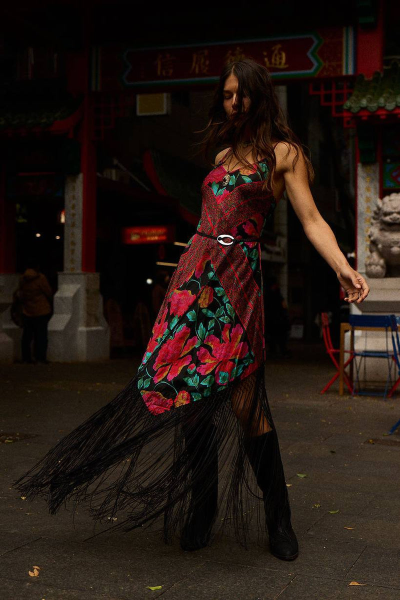 Wonderful Tonight Silk + Fringe Slip Dress - Scarlet Floral Scarf