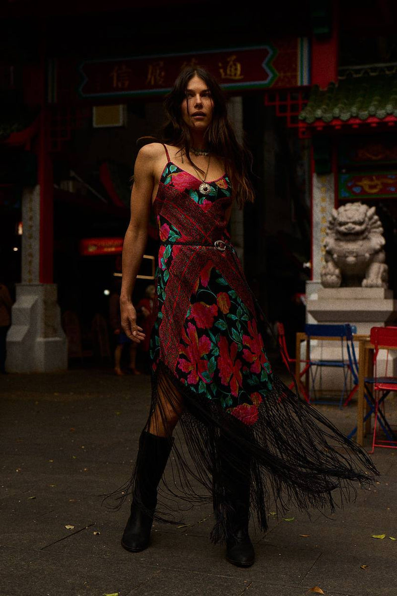 Wonderful Tonight Silk + Fringe Slip Dress - Scarlet Floral Scarf