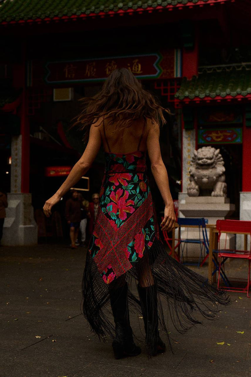 Wonderful Tonight Silk + Fringe Slip Dress - Scarlet Floral Scarf