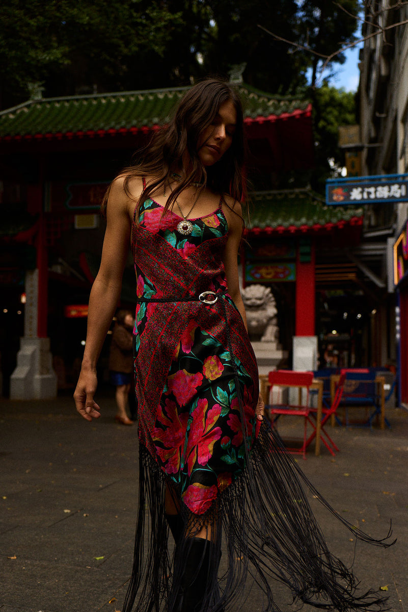 Wonderful Tonight Silk + Fringe Slip Dress - Scarlet Floral Scarf