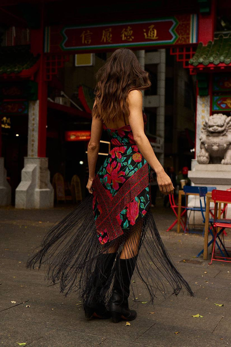 Wonderful Tonight Silk + Fringe Slip Dress - Scarlet Floral Scarf