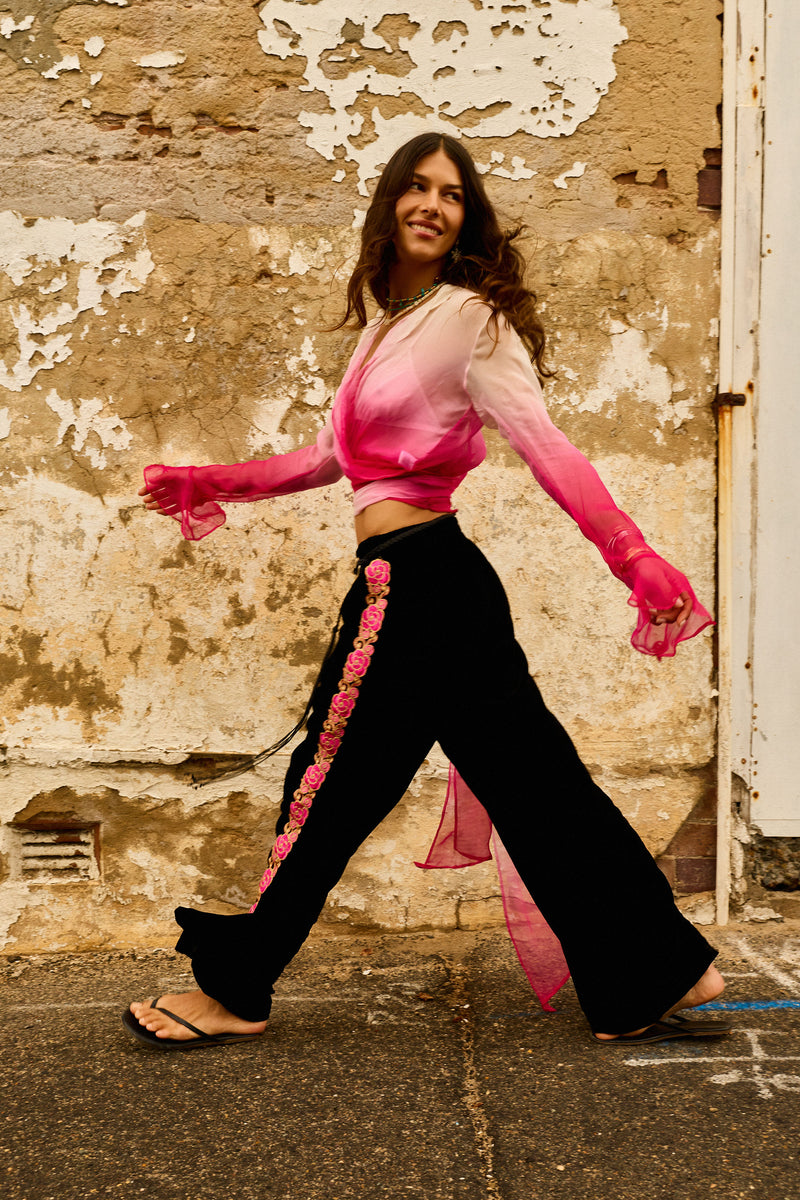Dark End of the Street Silk Velvet Pants - Pink Floral