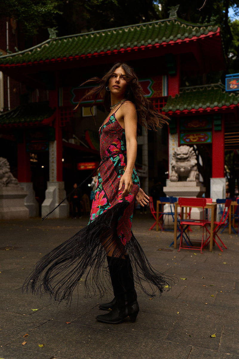 Wonderful Tonight Silk + Fringe Slip Dress - Scarlet Floral Scarf