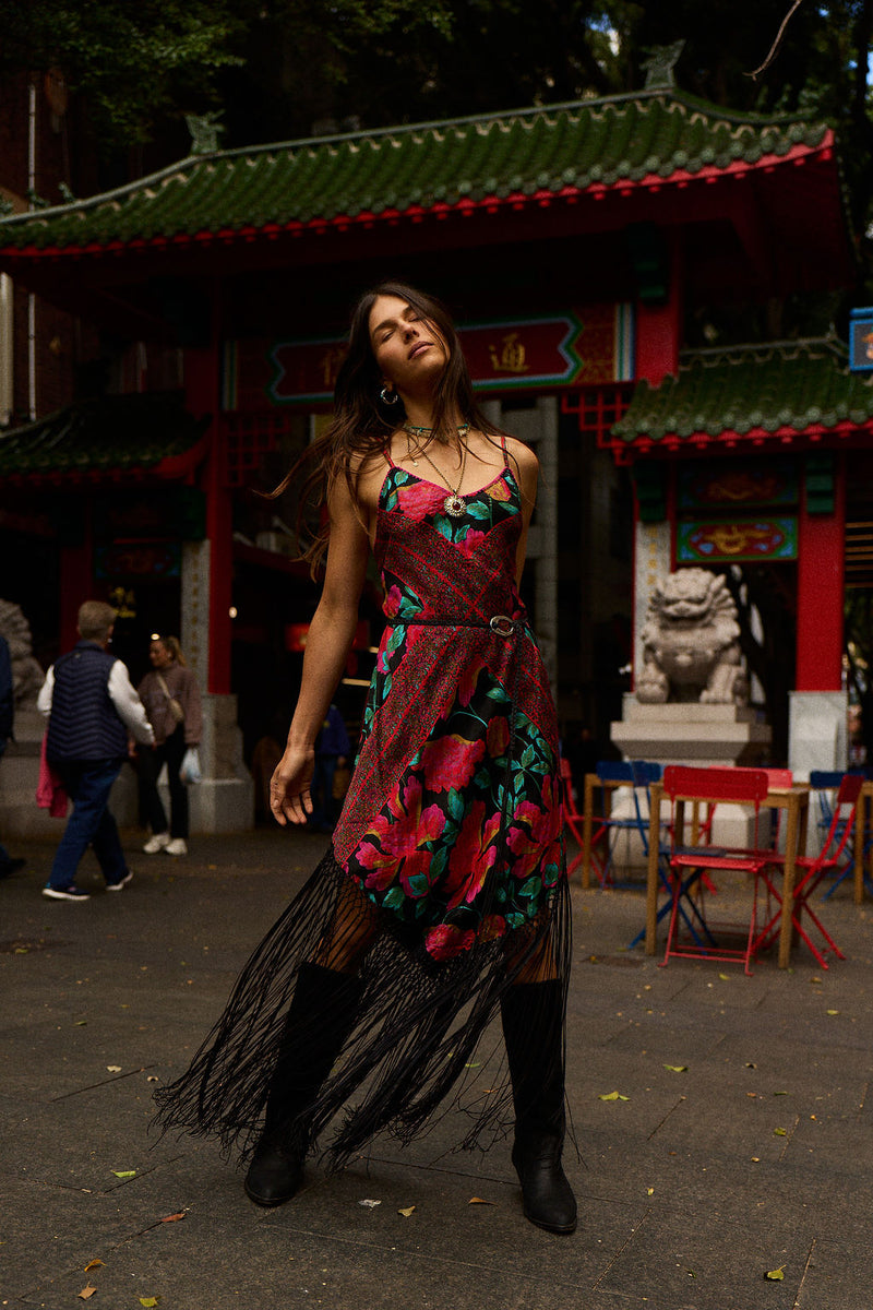 Wonderful Tonight Silk + Fringe Slip Dress - Scarlet Floral Scarf