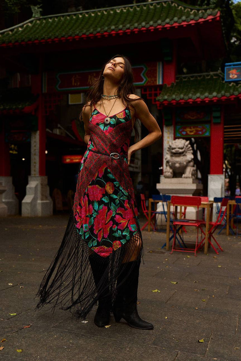 Wonderful Tonight Silk + Fringe Slip Dress - Scarlet Floral Scarf