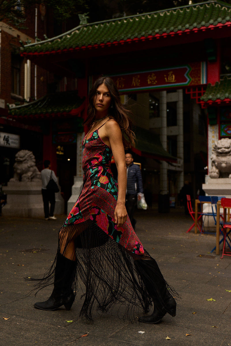 Wonderful Tonight Silk + Fringe Slip Dress - Scarlet Floral Scarf