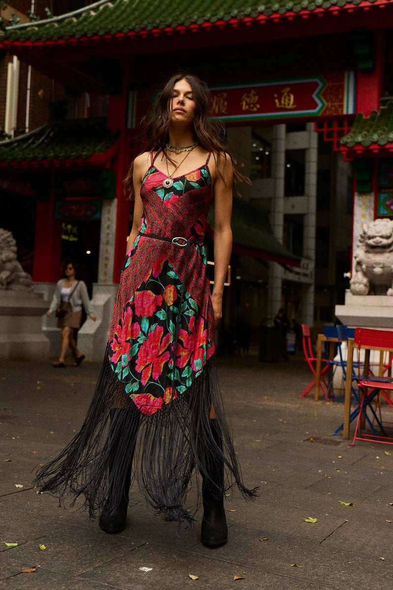 Wonderful Tonight Silk + Fringe Slip Dress - Scarlet Floral Scarf