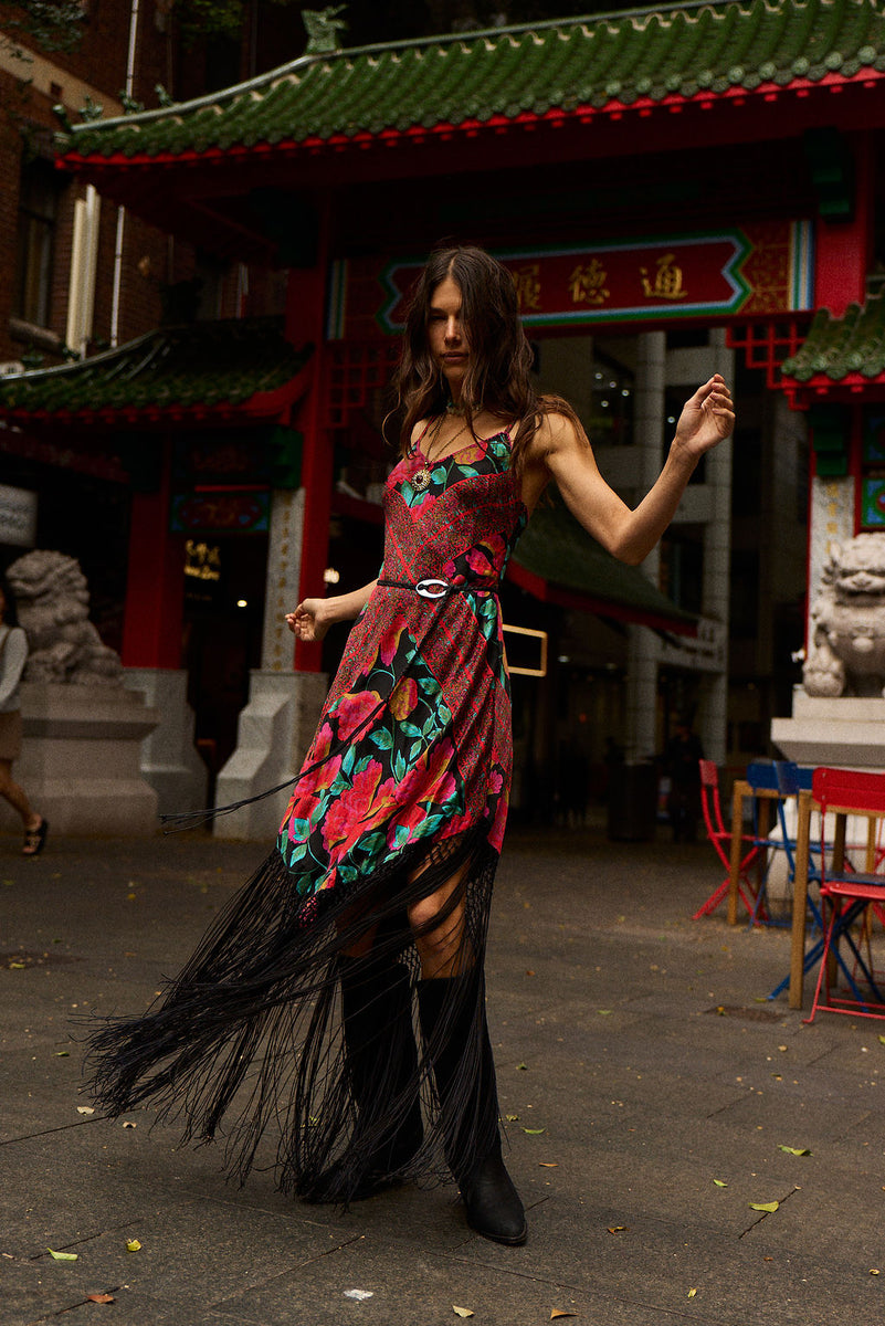 Wonderful Tonight Silk + Fringe Slip Dress - Scarlet Floral Scarf