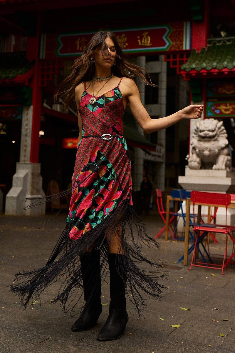 Wonderful Tonight Silk + Fringe Slip Dress - Scarlet Floral Scarf