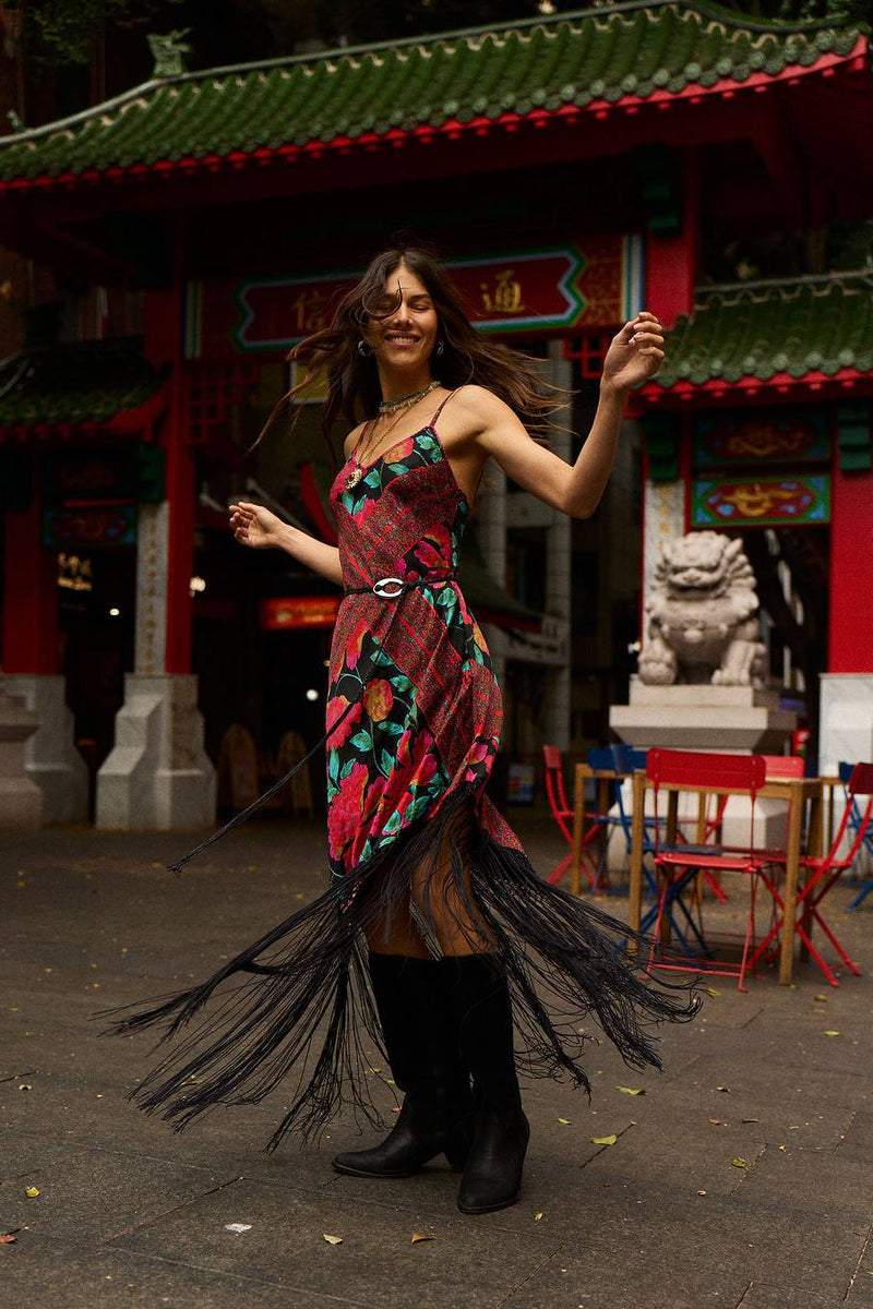 Wonderful Tonight Silk + Fringe Slip Dress - Scarlet Floral Scarf