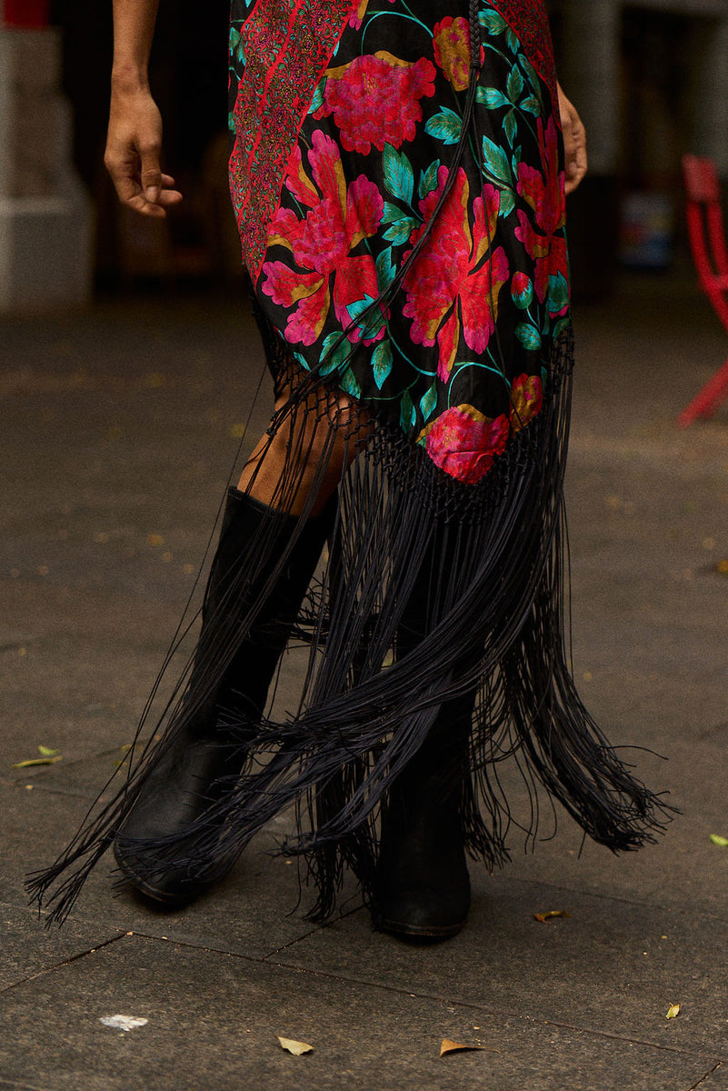 Wonderful Tonight Silk + Fringe Slip Dress - Scarlet Floral Scarf