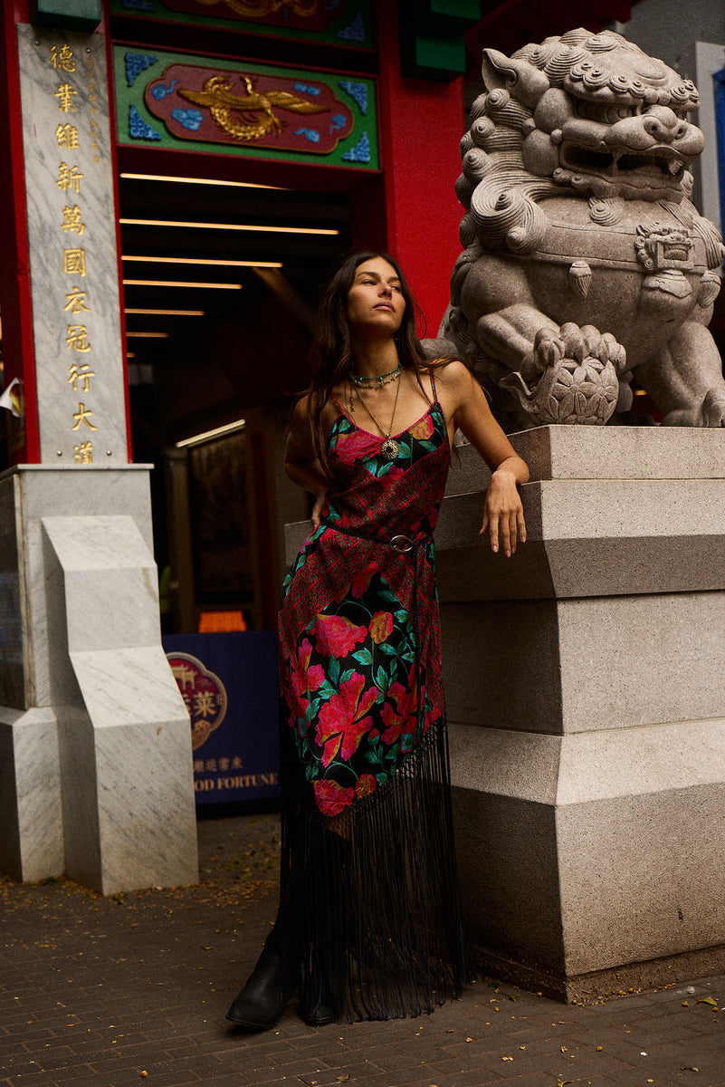 Wonderful Tonight Silk + Fringe Slip Dress - Scarlet Floral Scarf