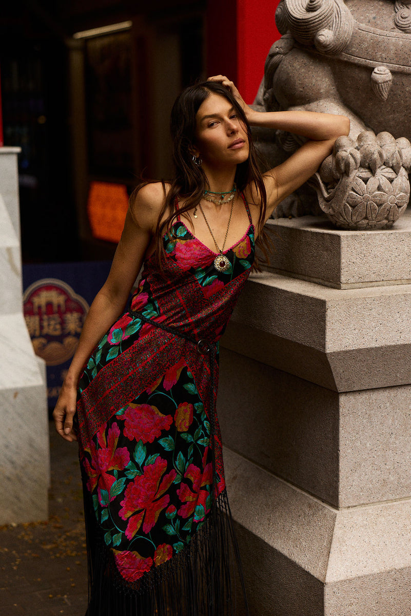 Wonderful Tonight Silk + Fringe Slip Dress - Scarlet Floral Scarf