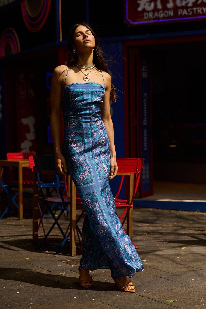 The Way I Feel Silk Satin Maxi Dress - Blue Dahlia Scarf