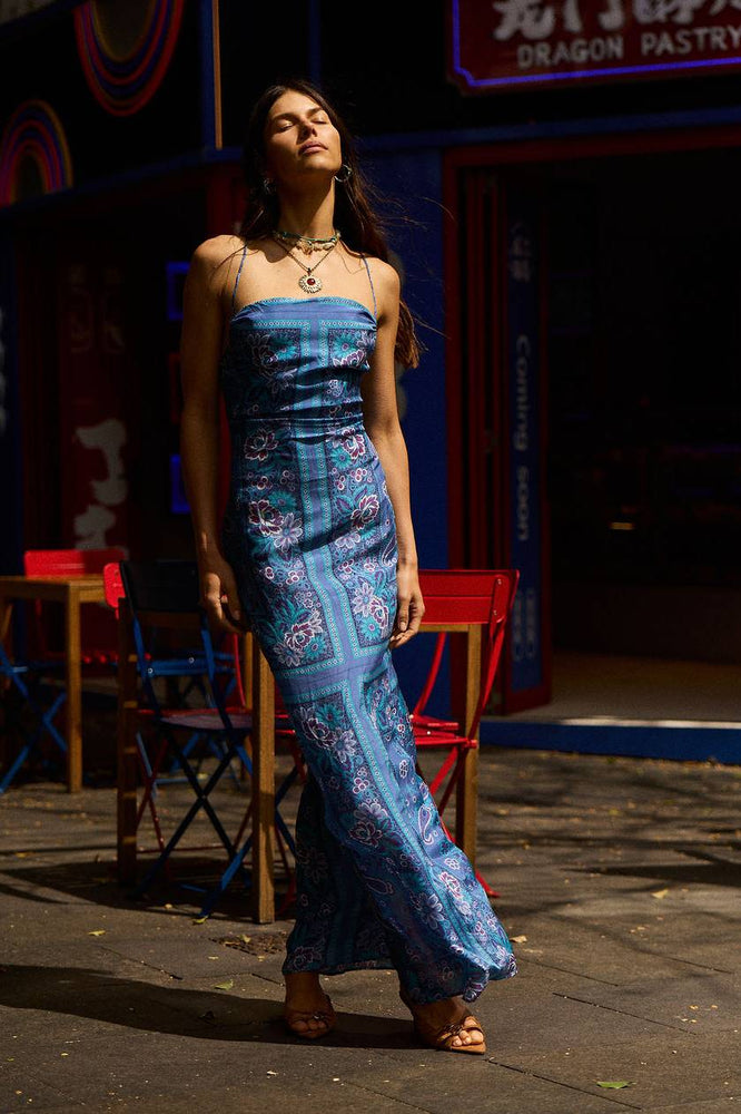The Way I Feel Silk Satin Maxi Dress - Blue Dahlia Scarf