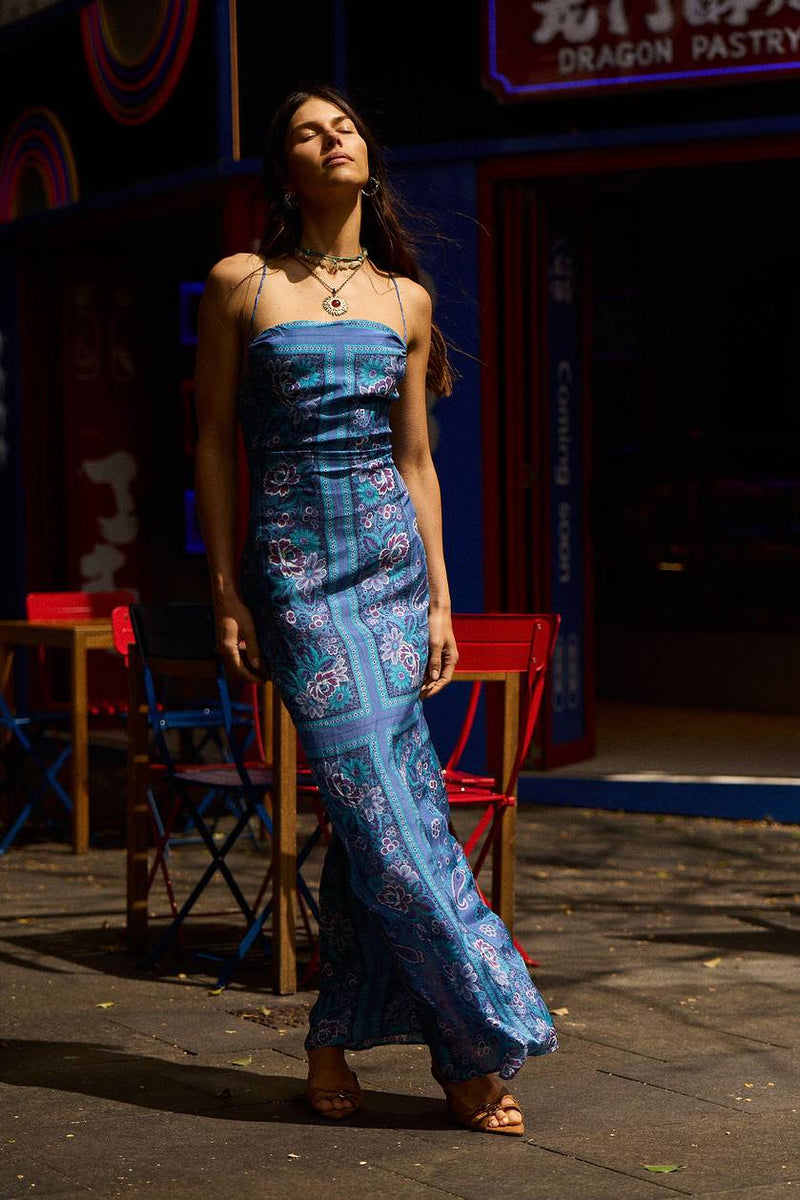 The Way I Feel Silk Satin Maxi Dress - Blue Dahlia Scarf
