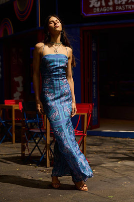 The Way I Feel Silk Satin Maxi Dress - Blue Dahlia Scarf