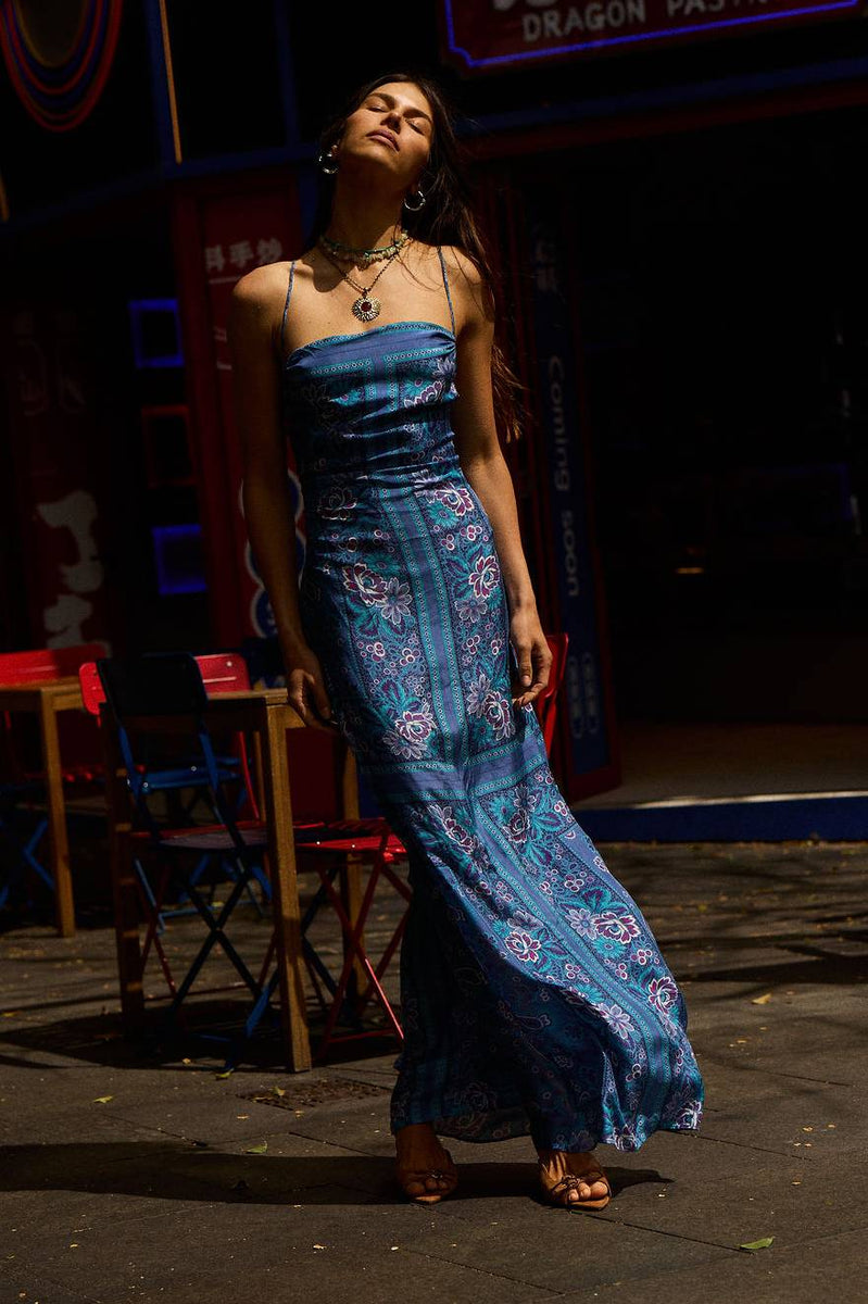 The Way I Feel Silk Satin Maxi Dress - Blue Dahlia Scarf