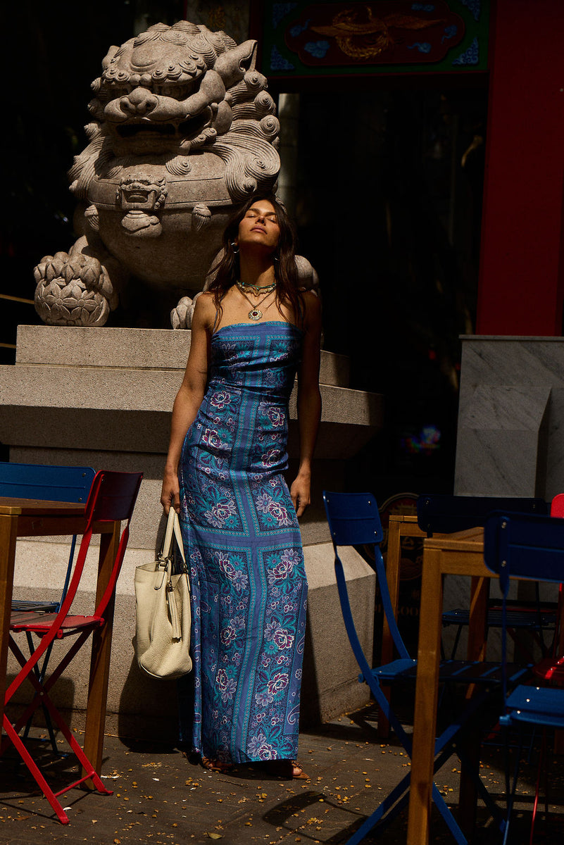 The Way I Feel Silk Satin Maxi Dress - Blue Dahlia Scarf