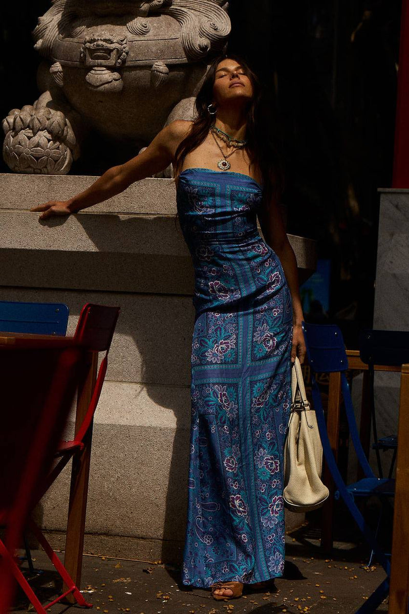The Way I Feel Silk Satin Maxi Dress - Blue Dahlia Scarf