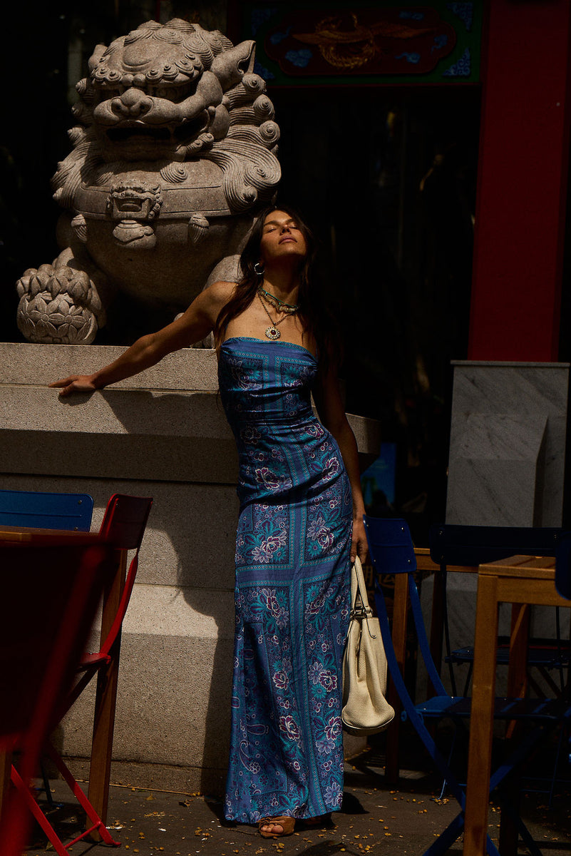 The Way I Feel Silk Satin Maxi Dress - Blue Dahlia Scarf