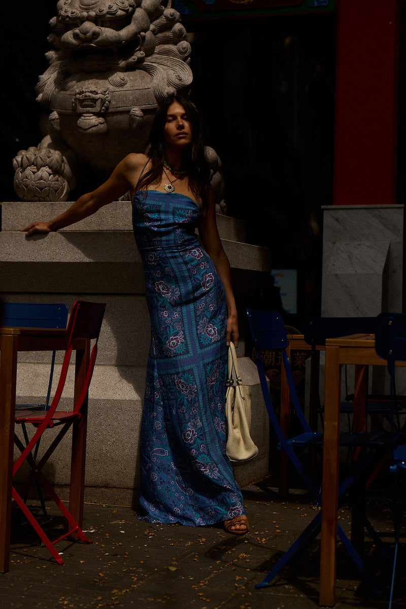 The Way I Feel Silk Satin Maxi Dress - Blue Dahlia Scarf
