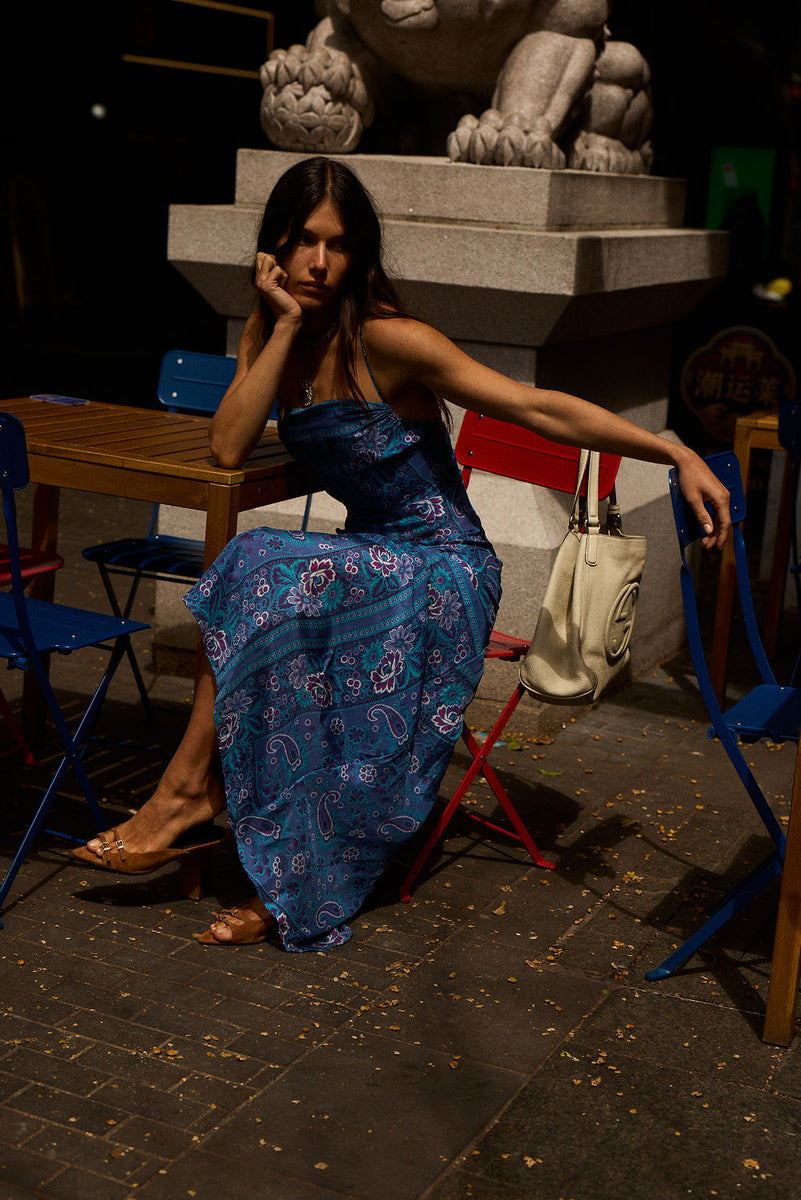 The Way I Feel Silk Satin Maxi Dress - Blue Dahlia Scarf