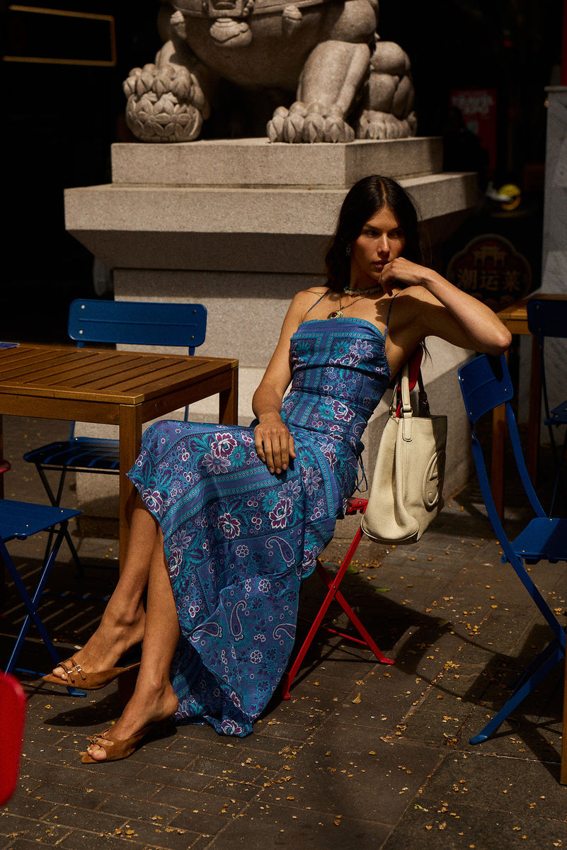 The Way I Feel Silk Satin Maxi Dress - Blue Dahlia Scarf