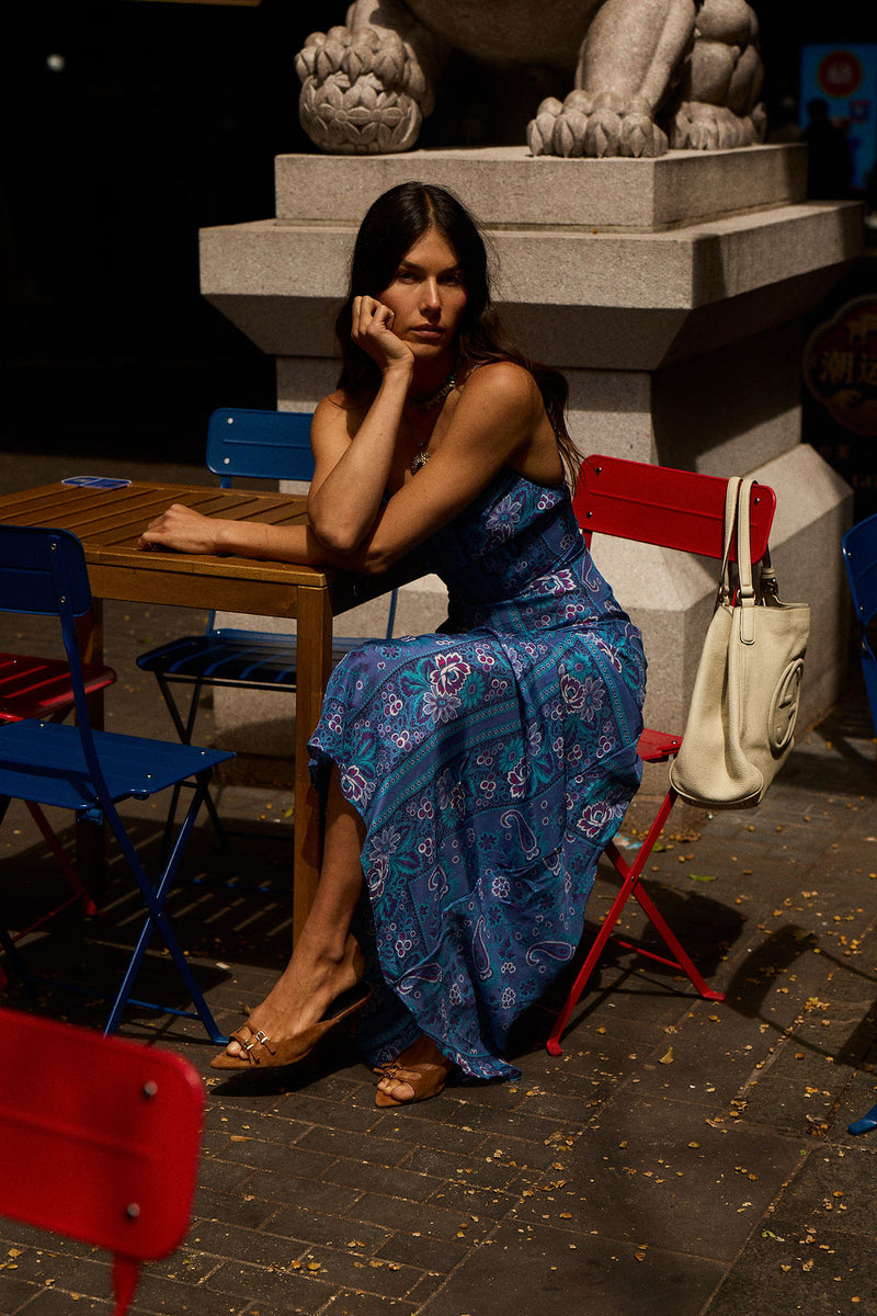 The Way I Feel Silk Satin Maxi Dress - Blue Dahlia Scarf